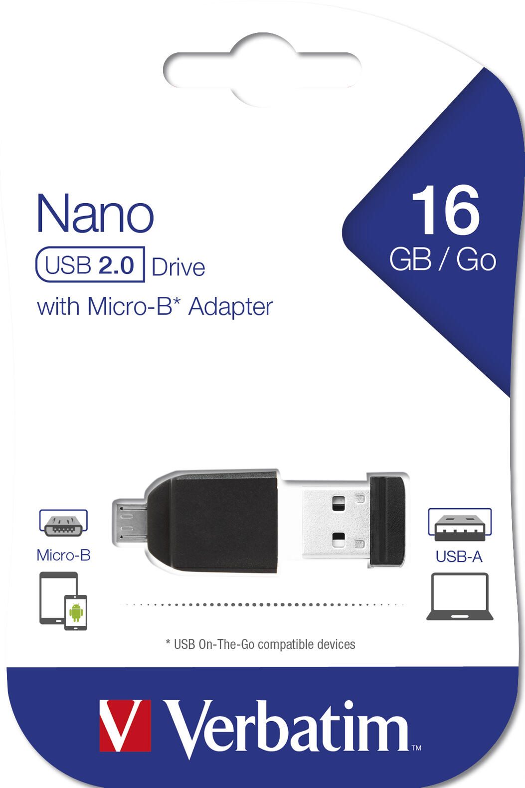 Verbatim Nano - USB-Stick 16 GB mit Micro USB-Adapter - Schwarz