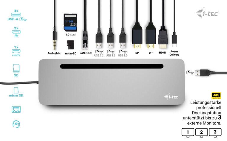 I-TEC USB-C Metal Ergonomic Docking Station mit Power Delivery 100W
