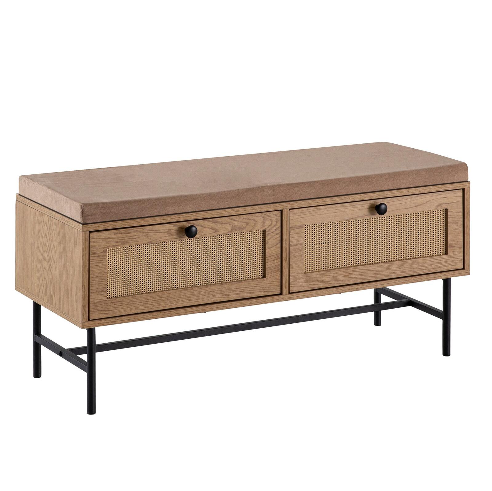 WOHNLING WL6.890 Schuhbank mit Stoff-Sitzfläche und Stauraum 100x48x38 cm Rattan Eiche-Dekor