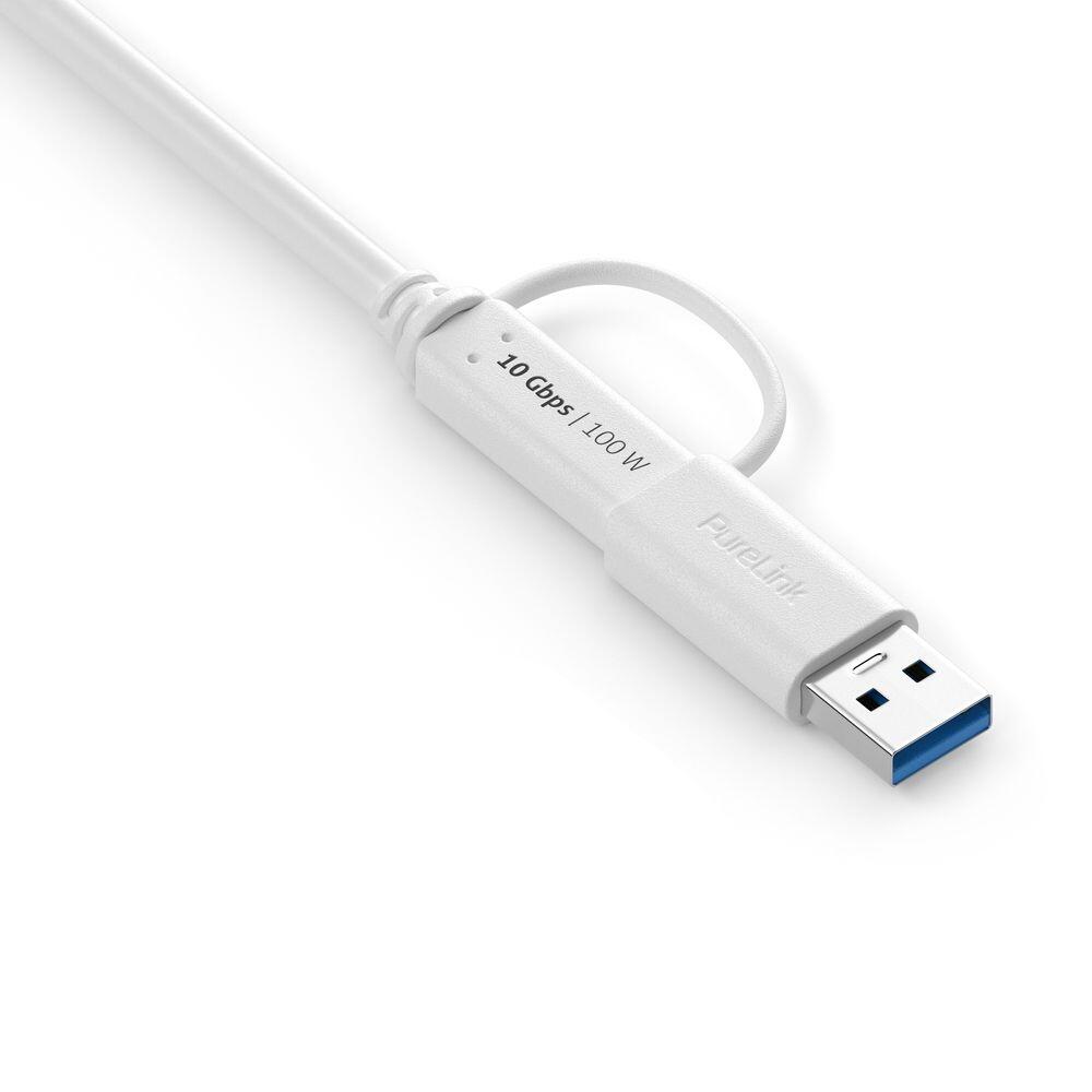 PureLink USB-C auf USB-C Kabel mit USB-A Aufsatz - 3.2 Gen 2x1, 5A, 10G, DP Alt Mode - iSerie - weiß - 1,00m