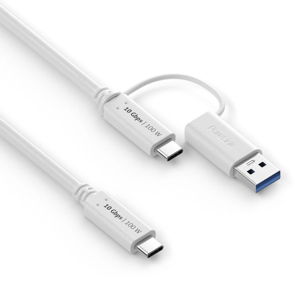 PureLink USB-C auf USB-C Kabel mit USB-A Aufsatz - 3.2 Gen 2x1, 5A, 10G, DP Alt Mode - iSerie - weiß - 1,00m