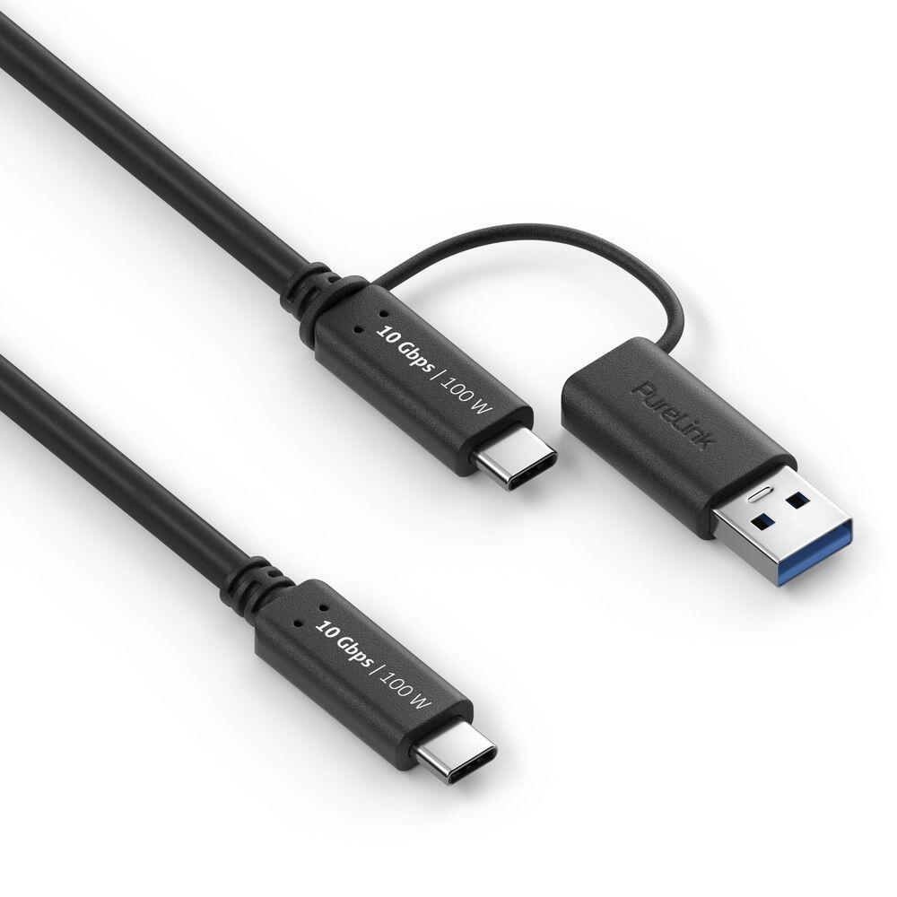 PureLink USB-C auf USB-C Kabel mit USB-A Aufsatz - 3.2 Gen 2x1, 5A, 10G, DP Alt Mode - iSerie - schwarz - 0,50m