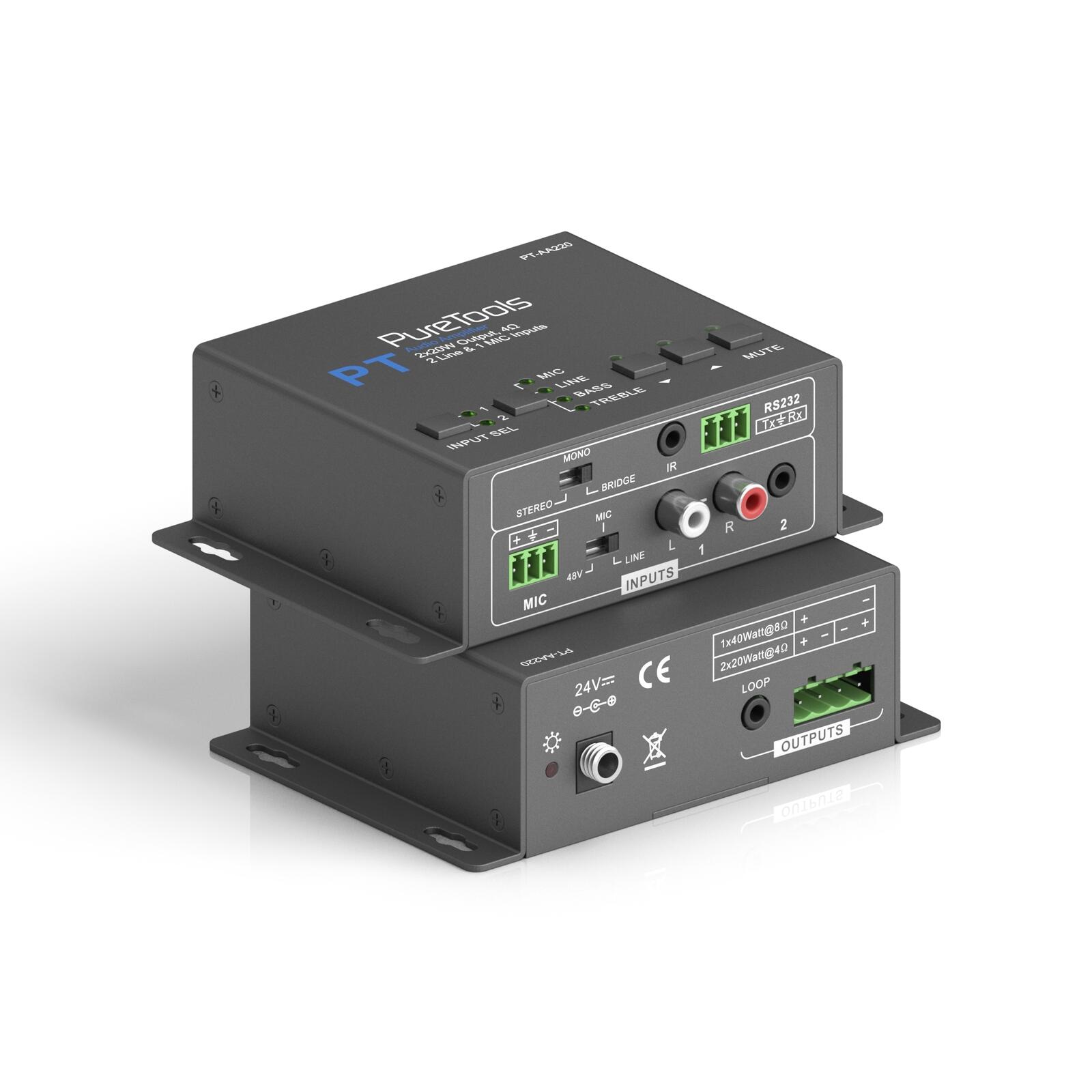 PureTools - Audio Verstärker 2x20W (Klasse D), 2 Leitungseingänge & 1 MIC Eingang