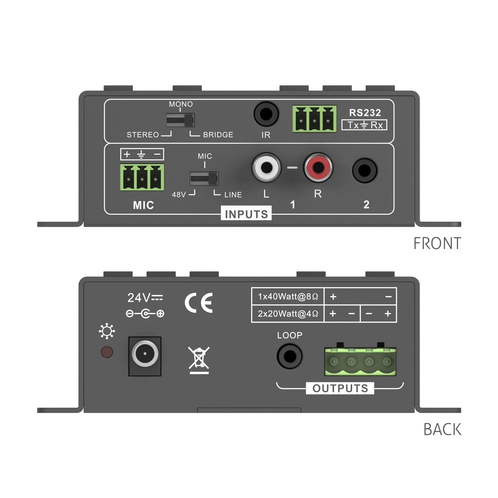 PureTools - Audio Verstärker 2x20W (Klasse D), 2 Leitungseingänge & 1 MIC Eingang