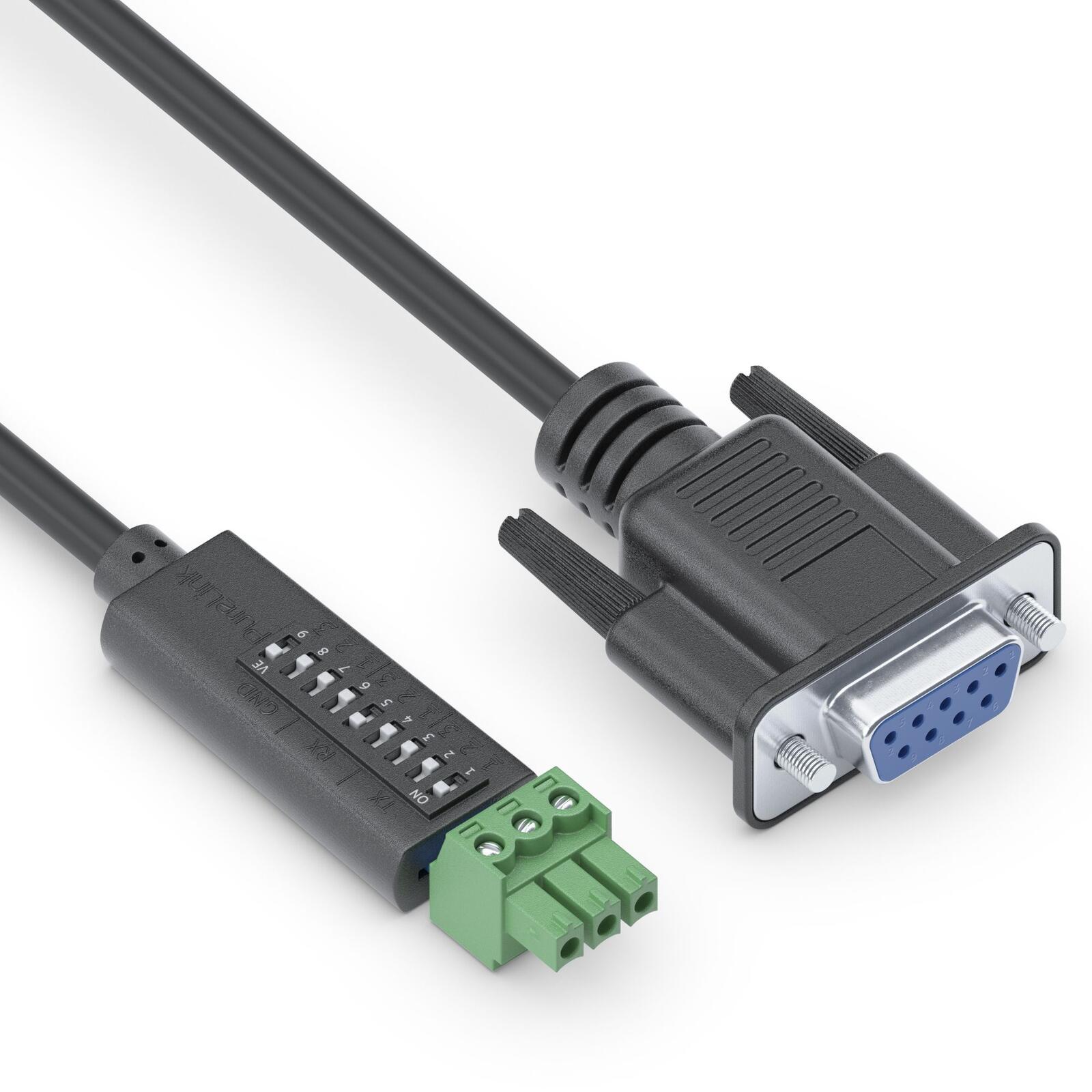 PureTools - RS232 Kabel - 9 pin D-Typ/3 pin Phoenix mit DIP Switch pin Einstellung, 1,5m
