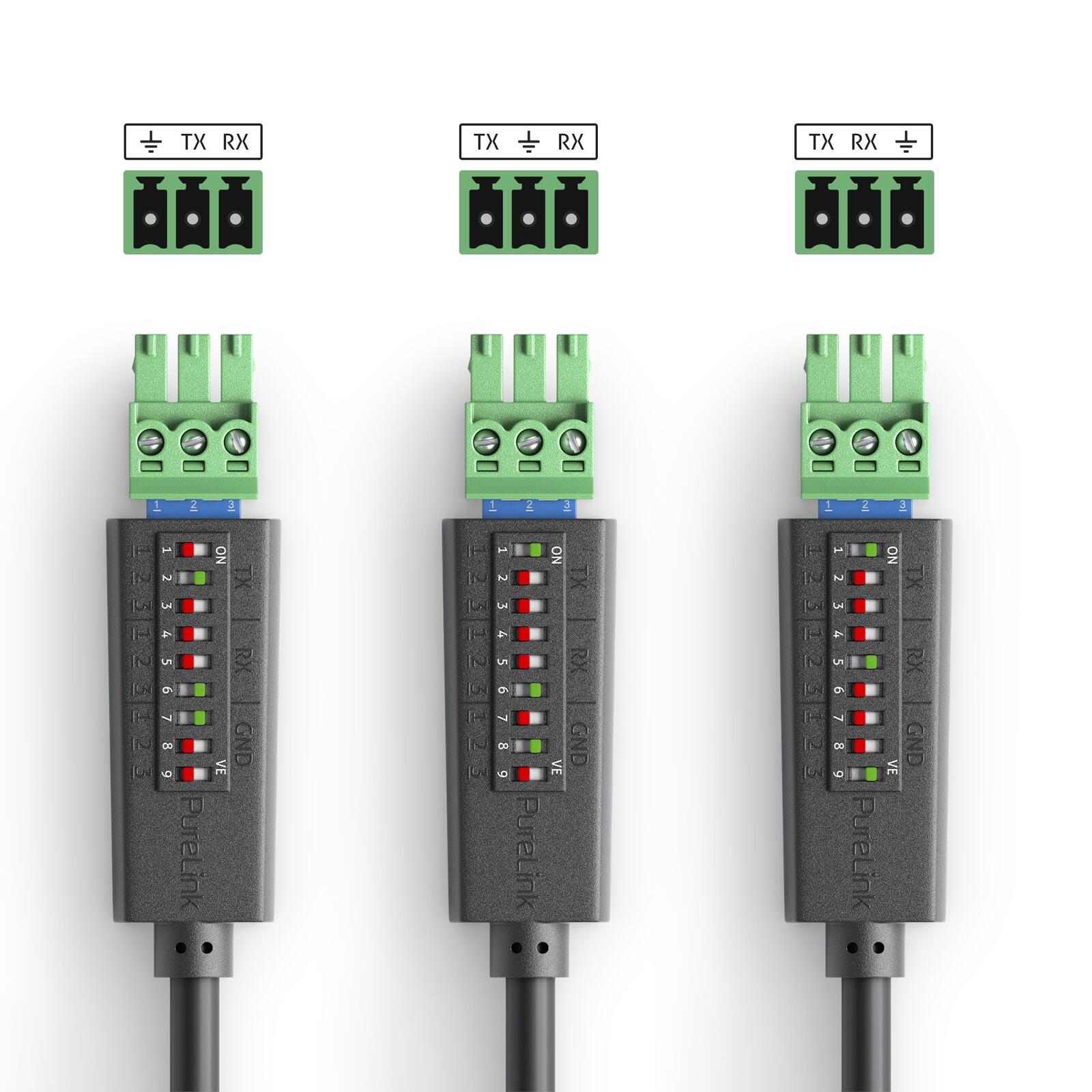 PureTools - RS232 Kabel - 9 pin D-Typ/3 pin Phoenix mit DIP Switch pin Einstellung, 1,5m