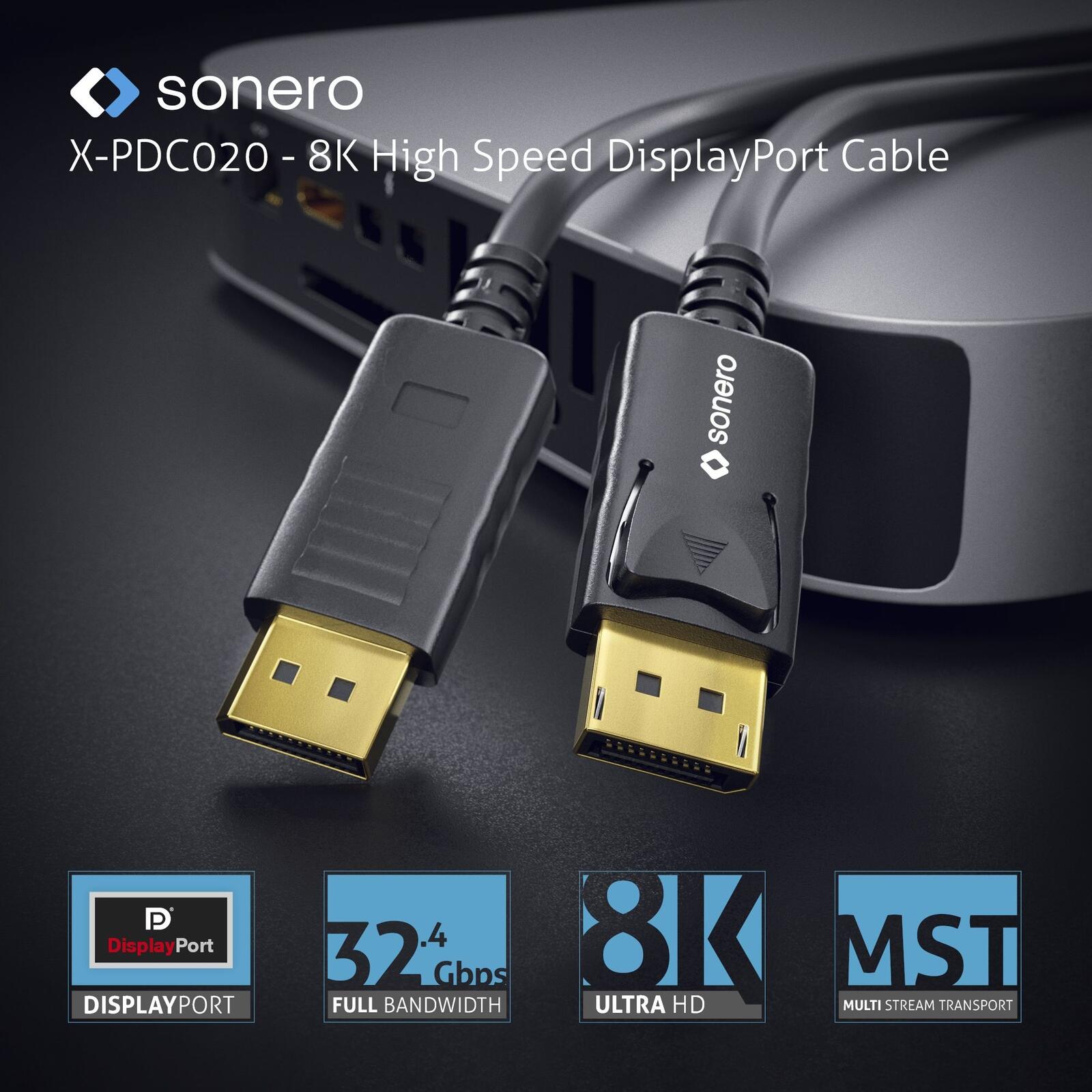 Sonero DisplayPort 1.4v Kabel, 8K60, 28AWG, schwarz, 5,00m