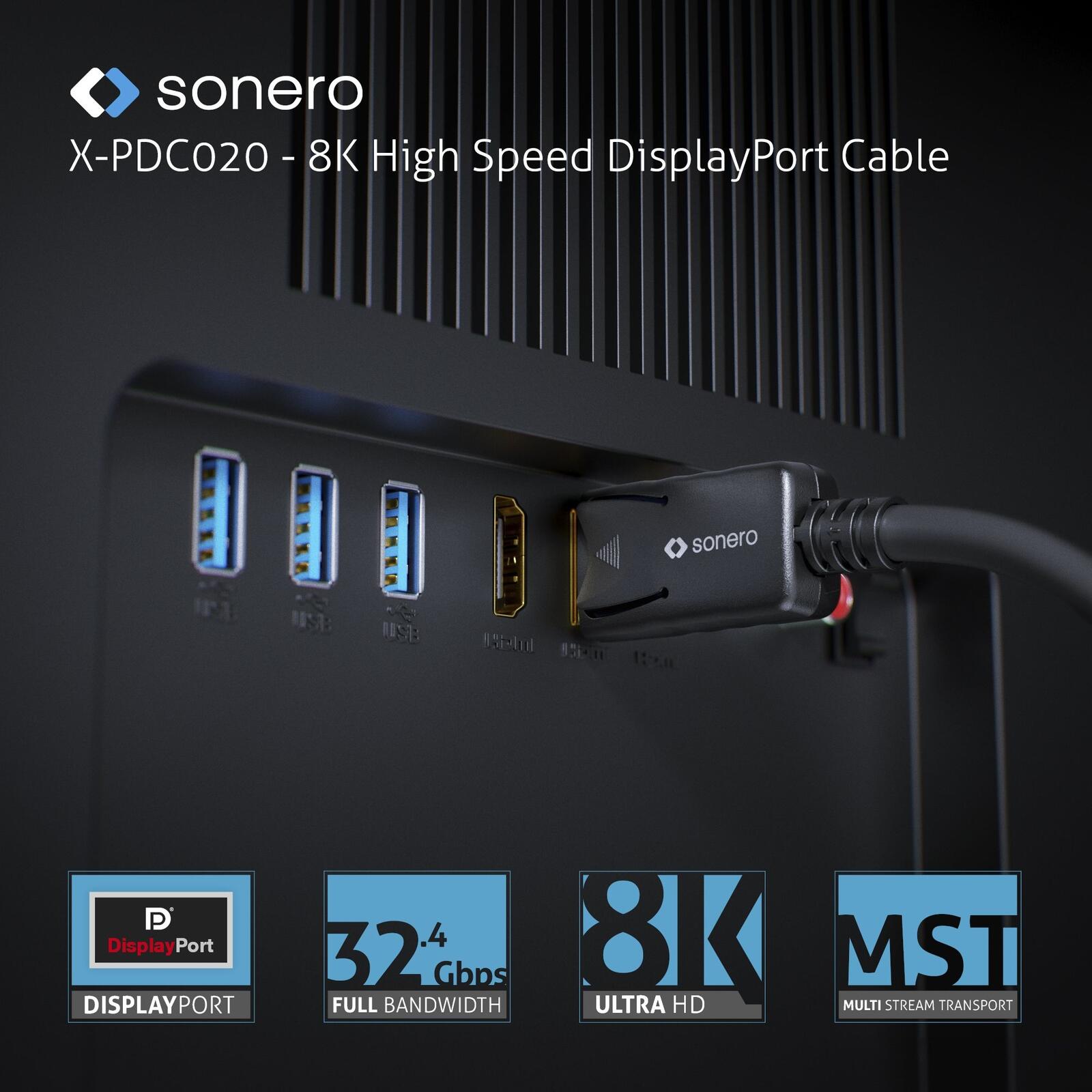 Sonero DisplayPort 1.4v Kabel, 8K60, 28AWG, schwarz, 5,00m