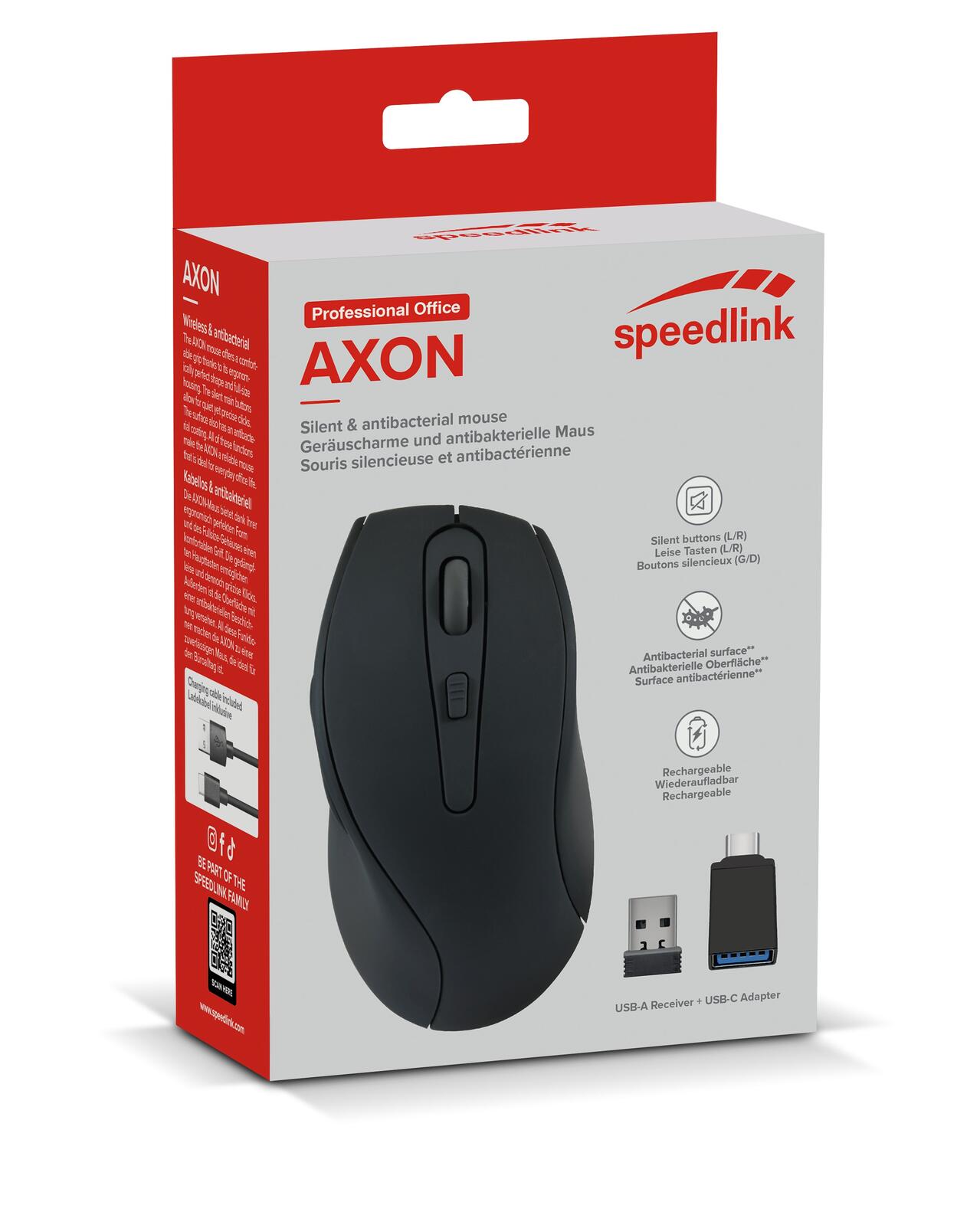 Speedlink AXON Silent & Antibacterial Rechargeable Wireless Maus, USB-A/-C, schwarz