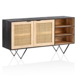 WOHNLING Sideboard 145x75x40 cm Mango Massivholz / Rattan, mit 2 Türen