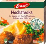 Erasco Hacksteaks in Sauce mit Kartoffelpüree, Erbsen und Möhren